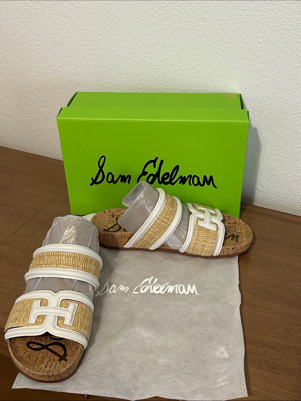 Sam Edelman White and Natural Straw Double Strap Slide Sandals